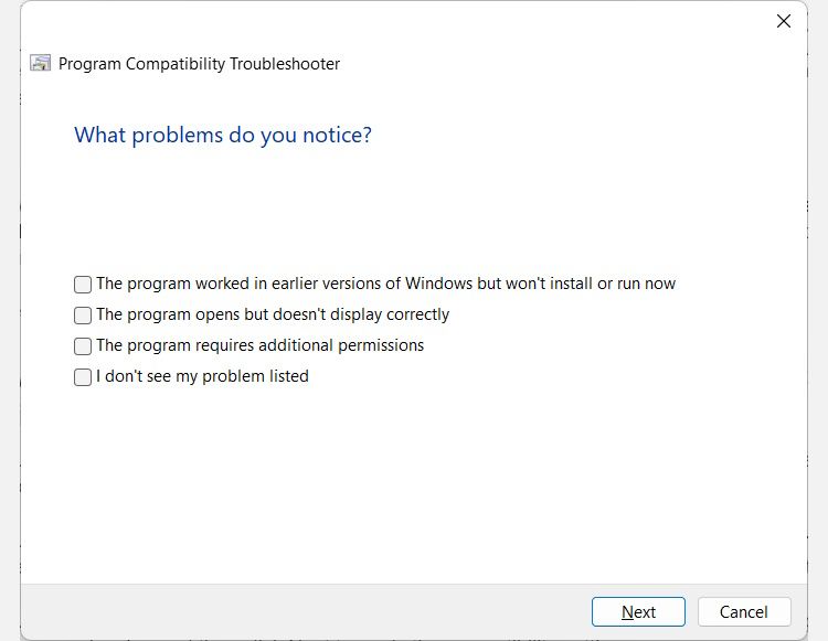 selecting a problem in the program compatibility troubleshooter 