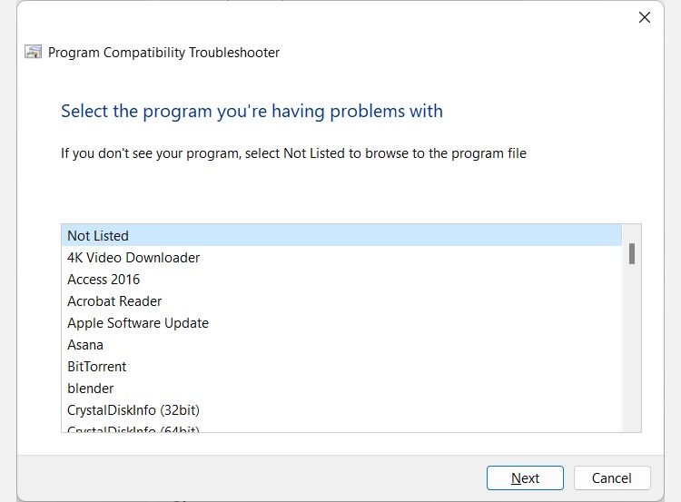 layar untuk memilih program di pemecah masalah kompatibilitas program di Windows 11