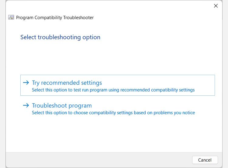 the screen for selecting a troubleshooting option in the program compatibility troubleshooter on Windows 11