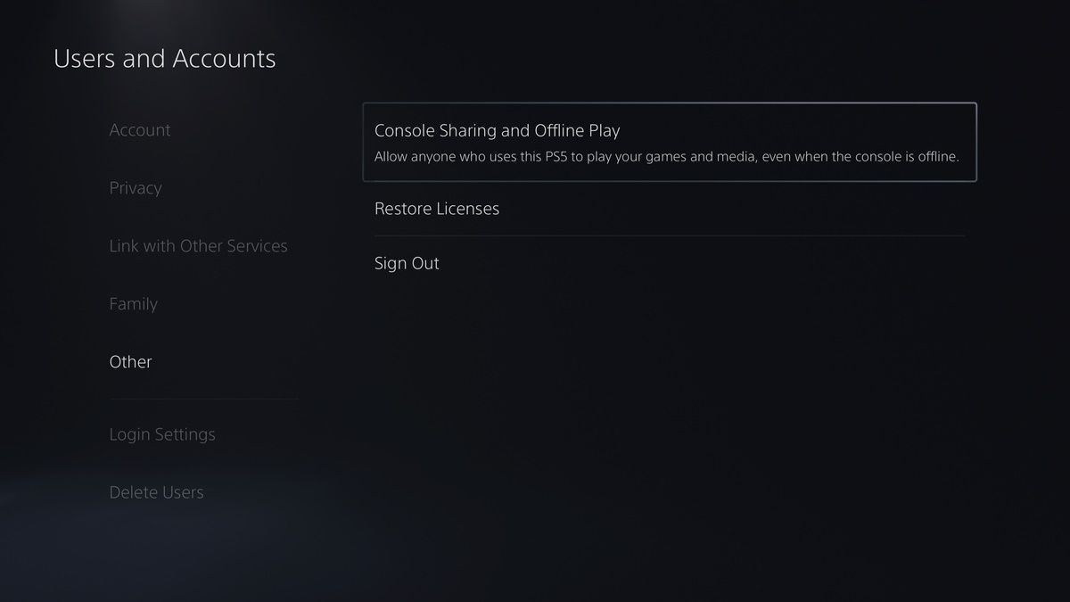 A PS5 screenshot showing console sharing settings