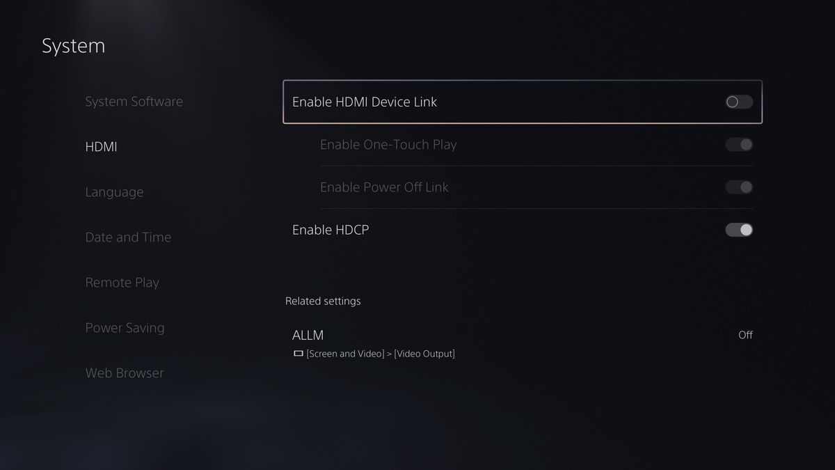 A screenshot showing how to enable HDMI device linking on a PS5