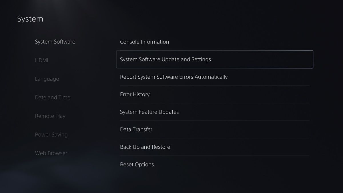 A PS5 screenshot showing its system update page