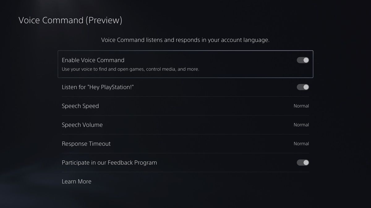 A screenshot showing how to enable voice command on a PS5