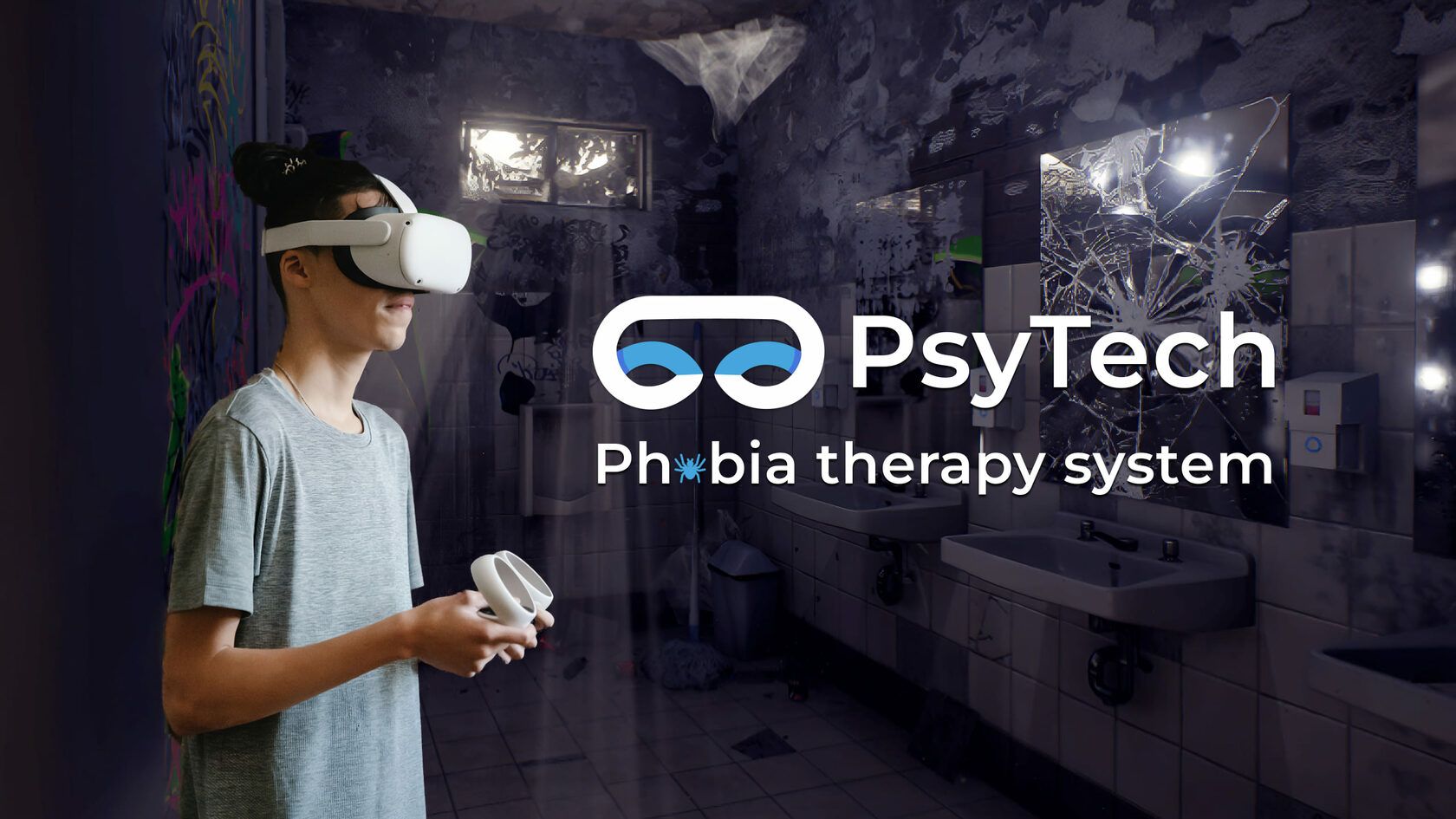 PsyTech logo in front of person wearing VR device