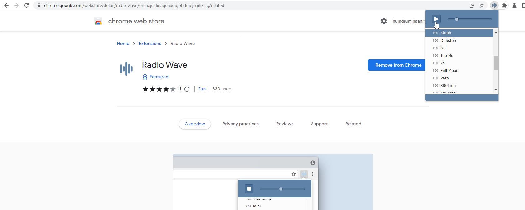 A Screenshot of the Radio Wave Chrome Extension in Use