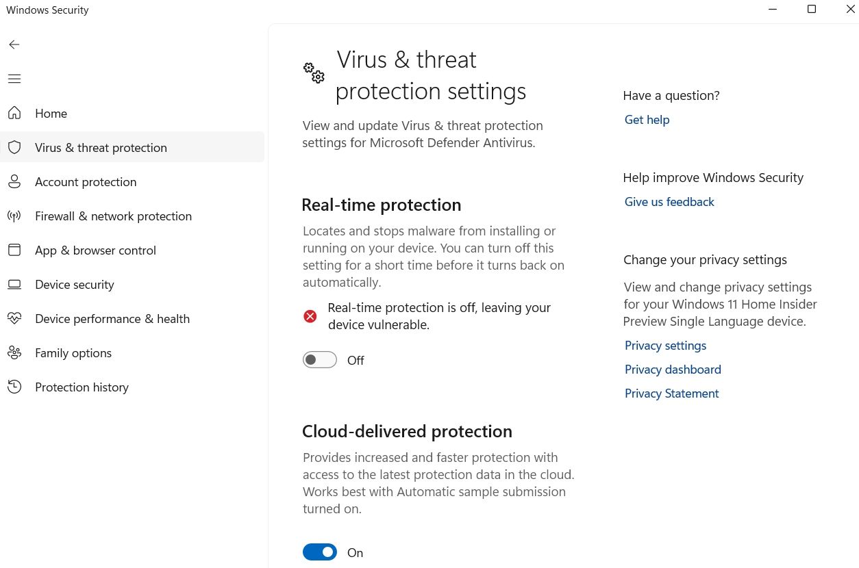 Menonaktifkan perlindungan Real-time di Windows Security