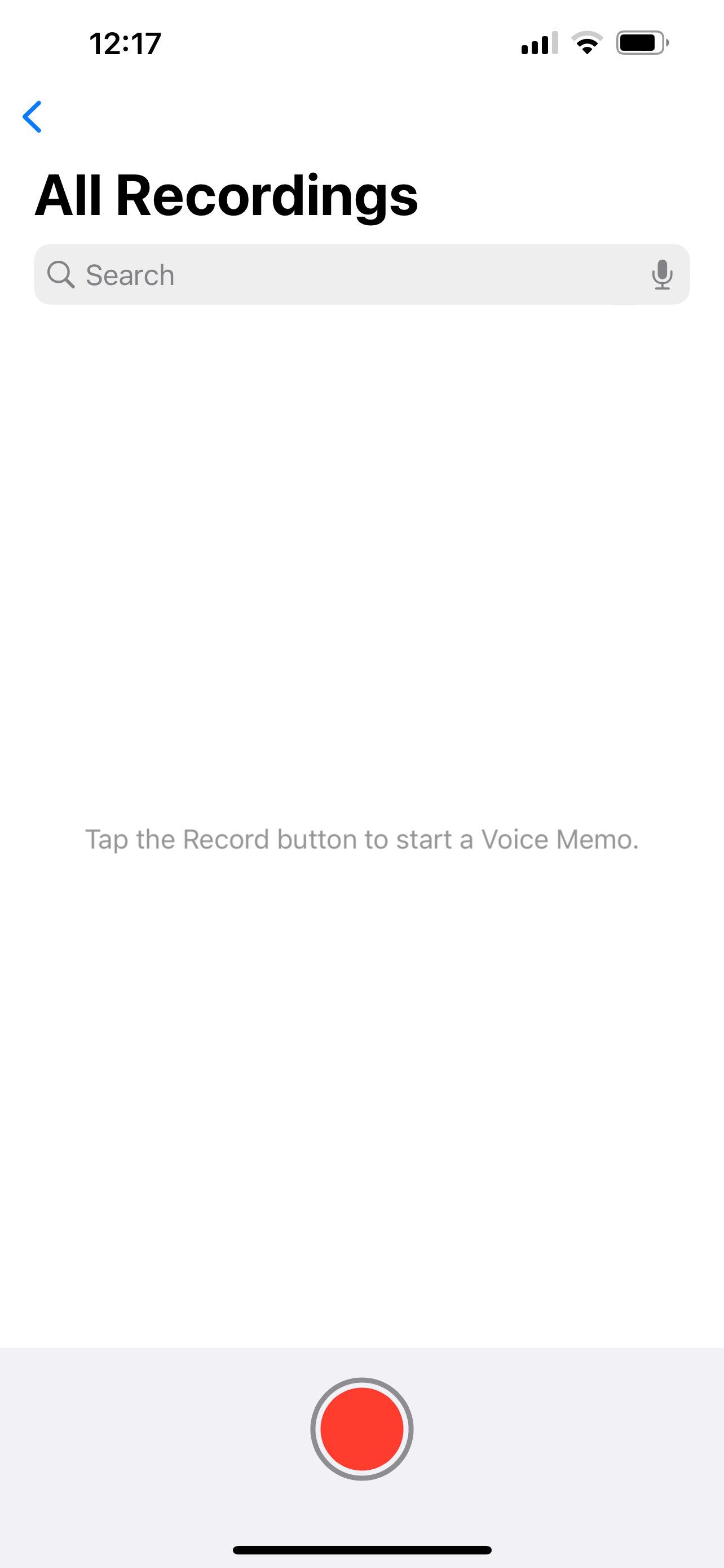 Main screen of the Apple Voice Memos app