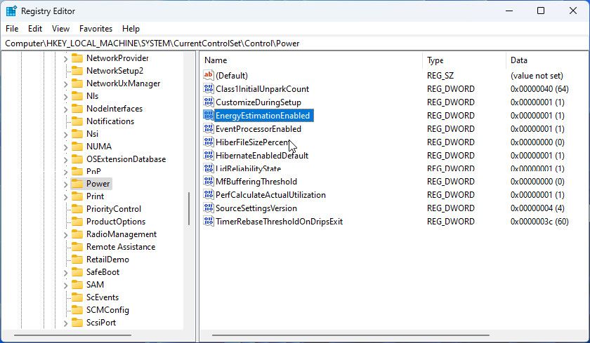 power values in the Registry Editor