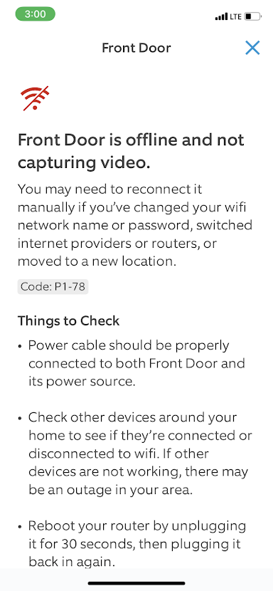 Ring doorbell device offline and troubleshooting information