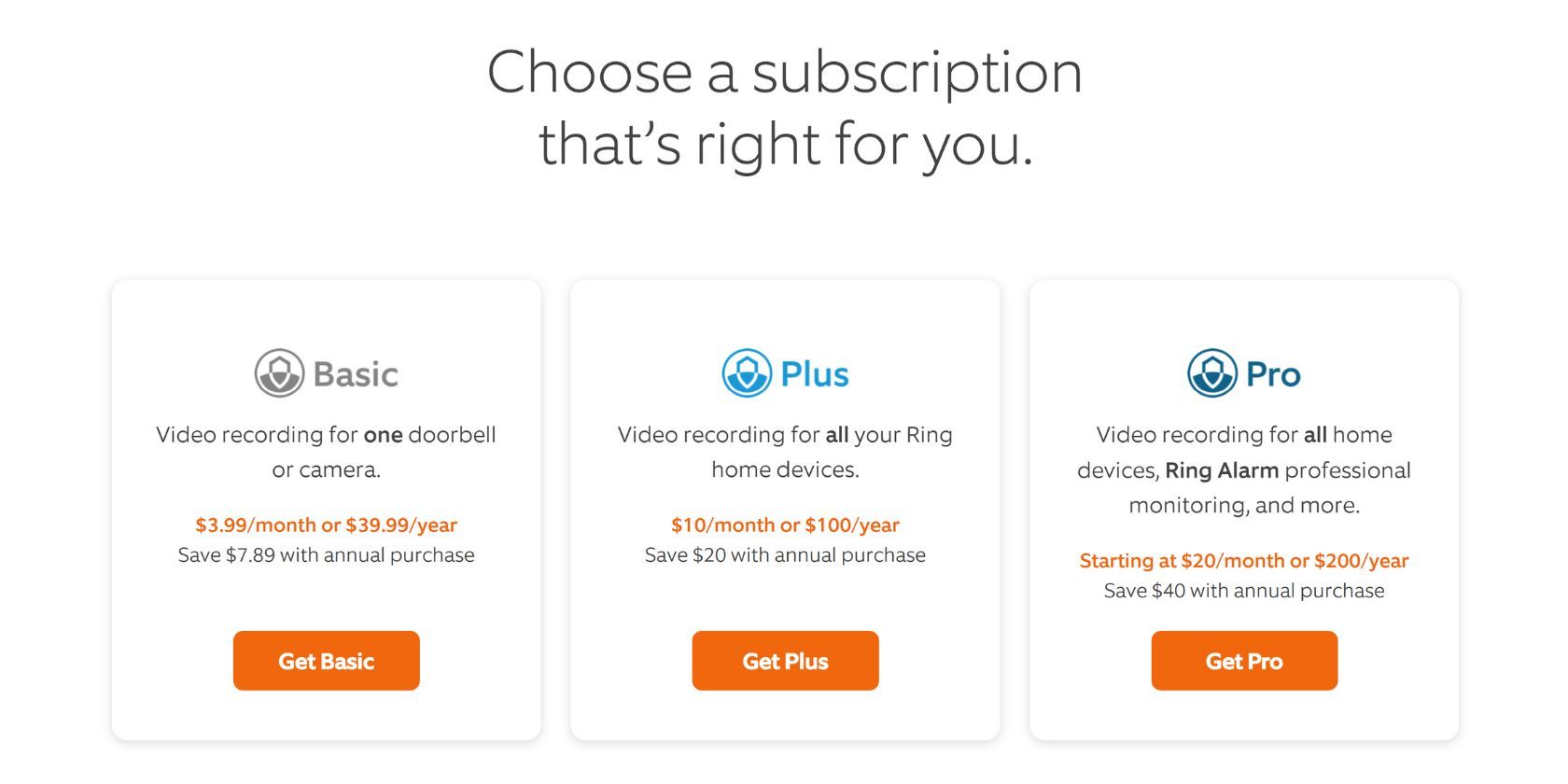 ring protect plan subscriptions compared, including basic, plus, and pro