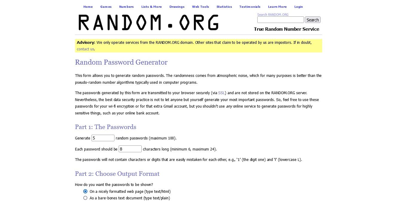 Screenshot of Random Password Generator Homepage