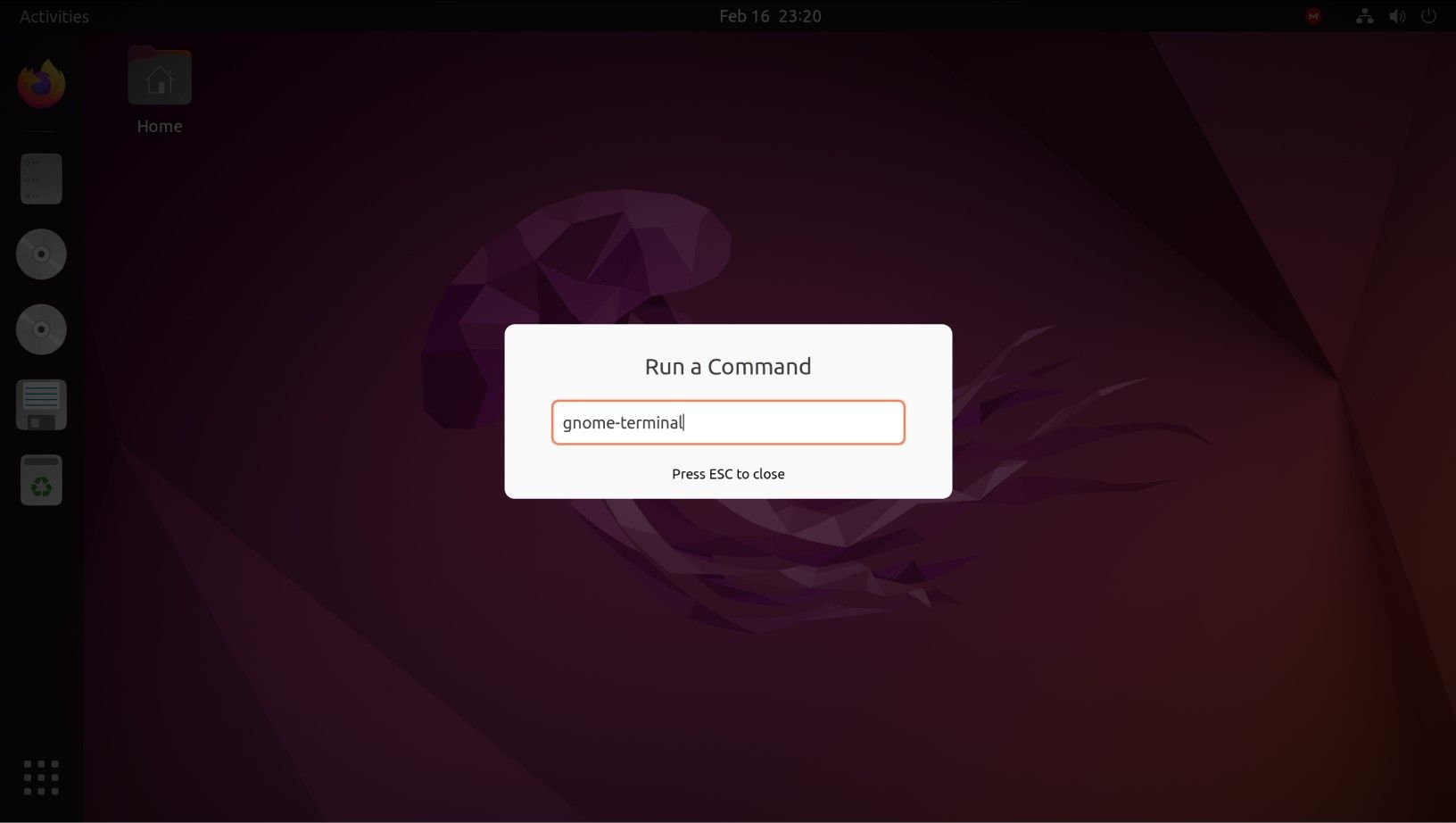 Command window to open a terminal window in Ubuntu