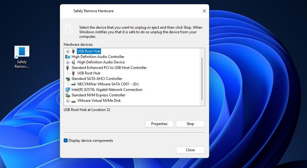 The Safely Remove Hardware dialog window 