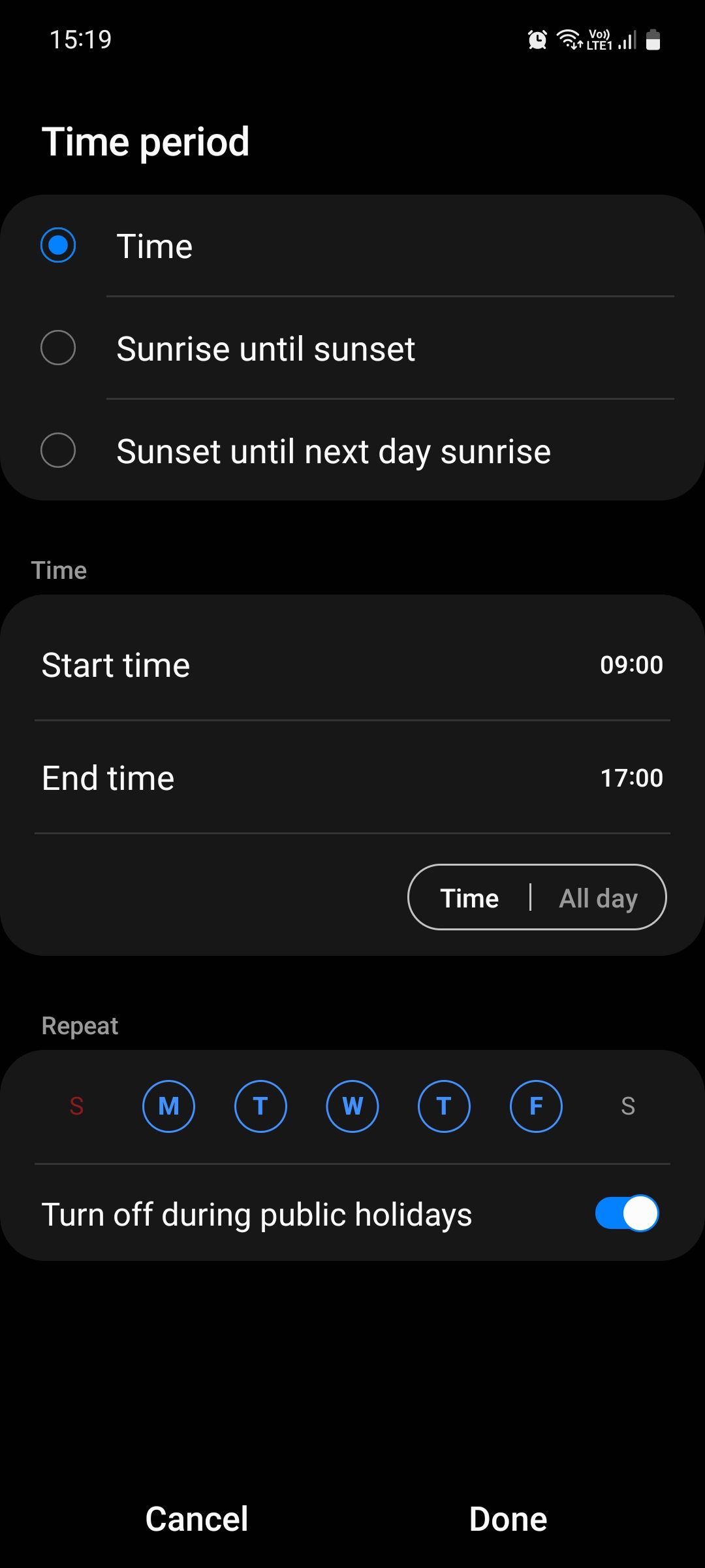 Samsung Modes and Routines time-based routine activation