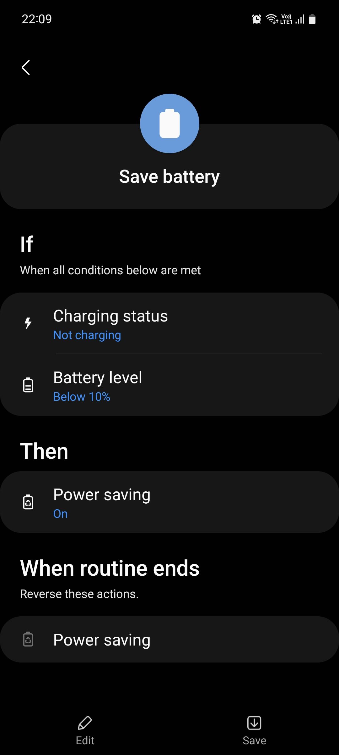 Save battery routine on Samsung Modes and Routines