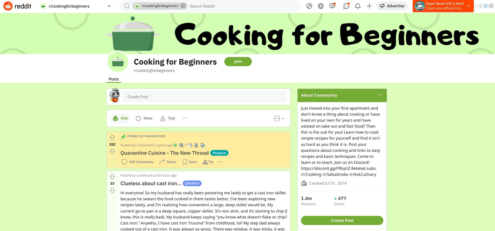 Screenshot of reddit cooking for beginners subreddit