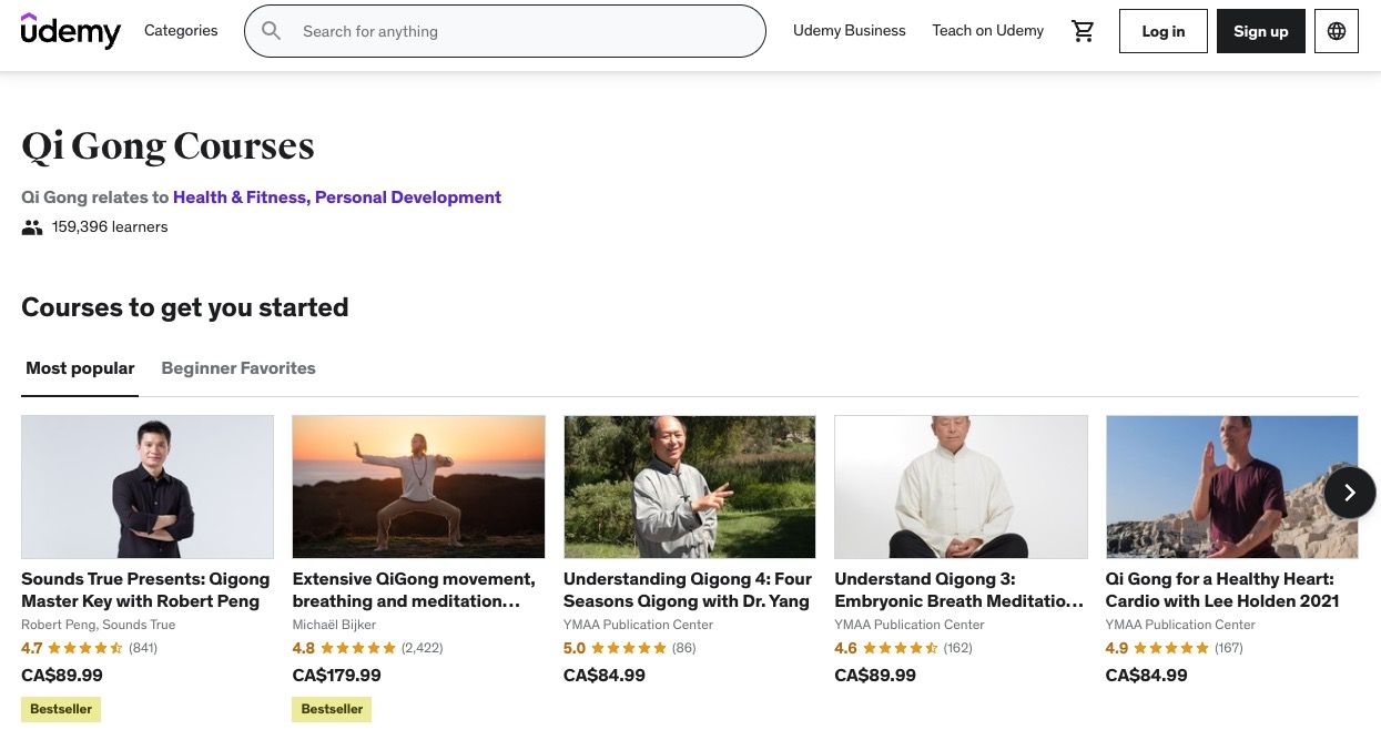 Screenshot of Udemy website with qigong courses