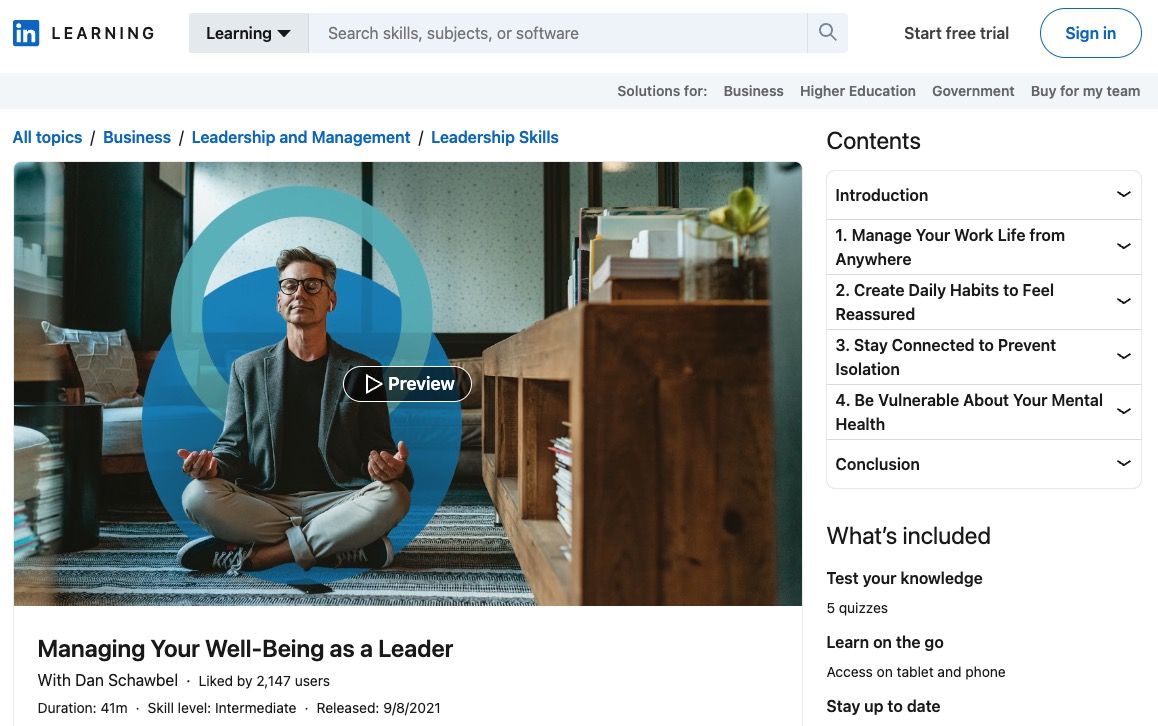 Ảnh chụp màn hình khóa học lãnh đạo LInkedIn Learning