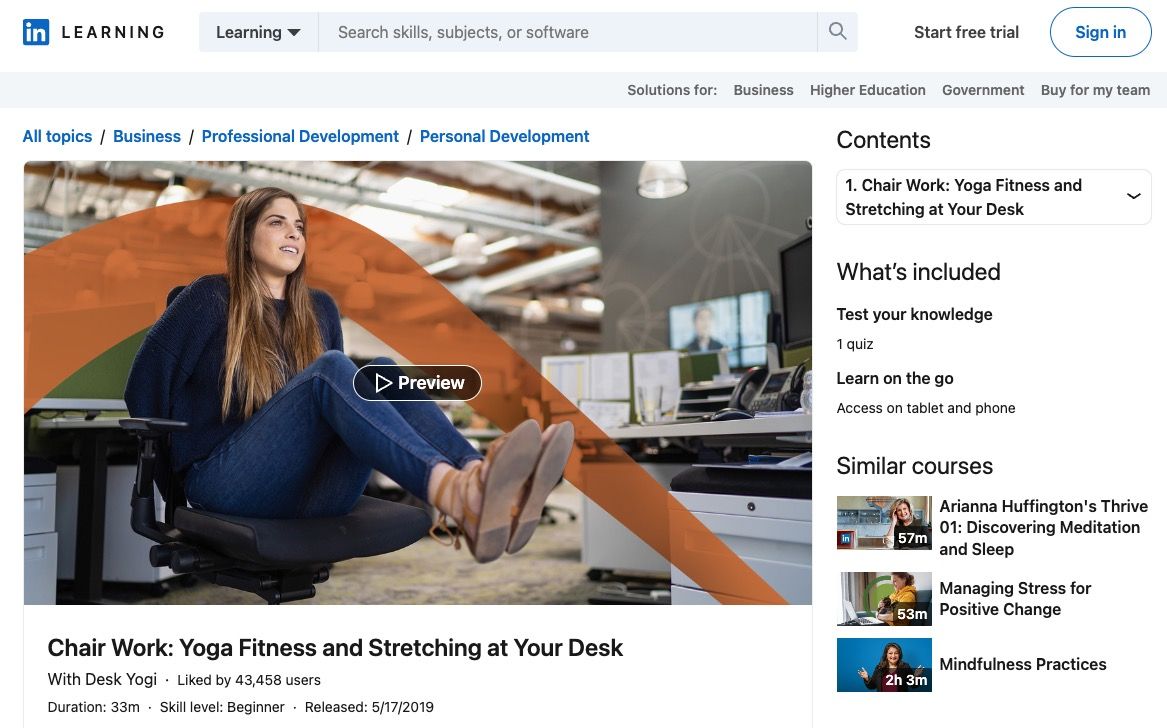Screenshot of chair yoga course