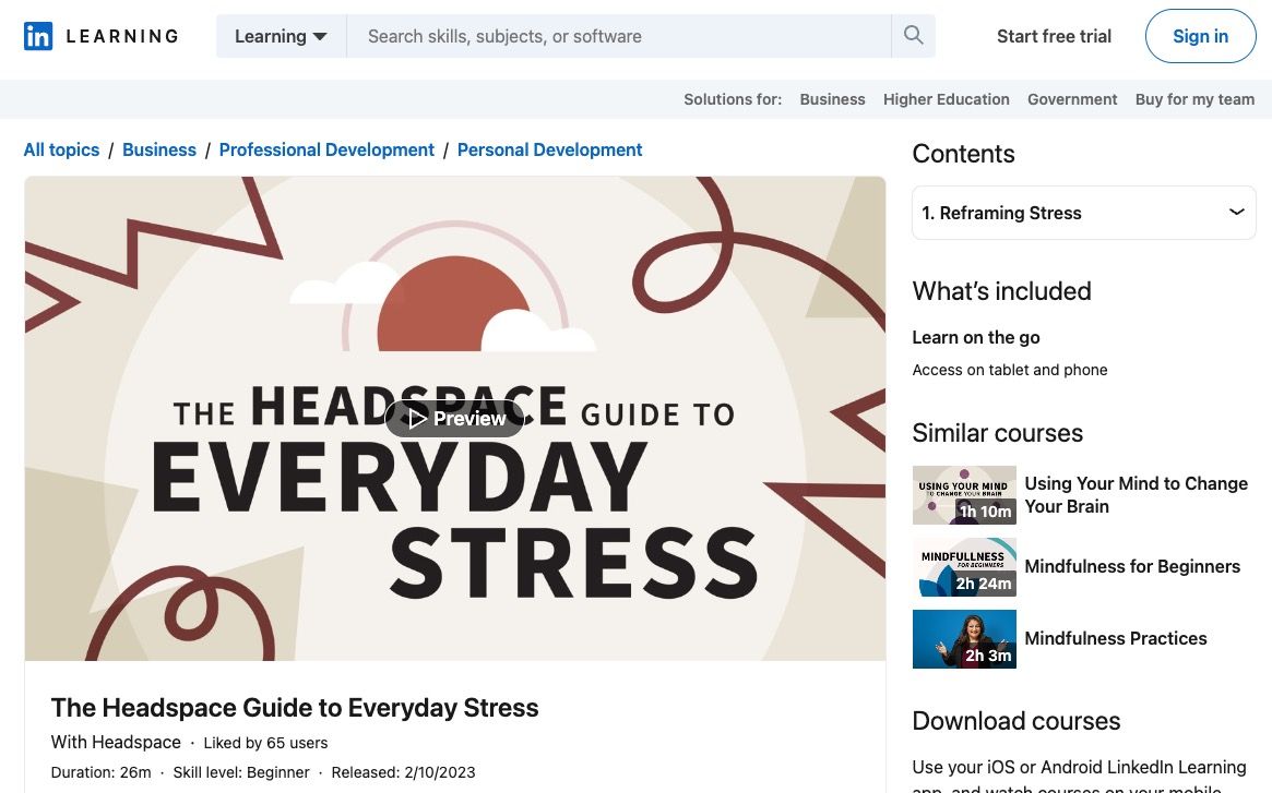 Screenshot of linkedin learning course on stress
