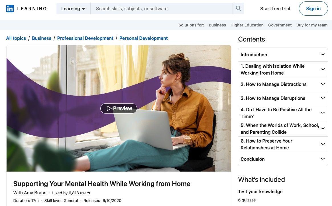 Screenshot of LinkedIn learning course about mental health