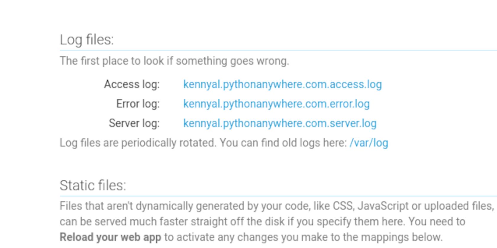 An image showing links for server and error logs in PythonAnywhere's web tab.