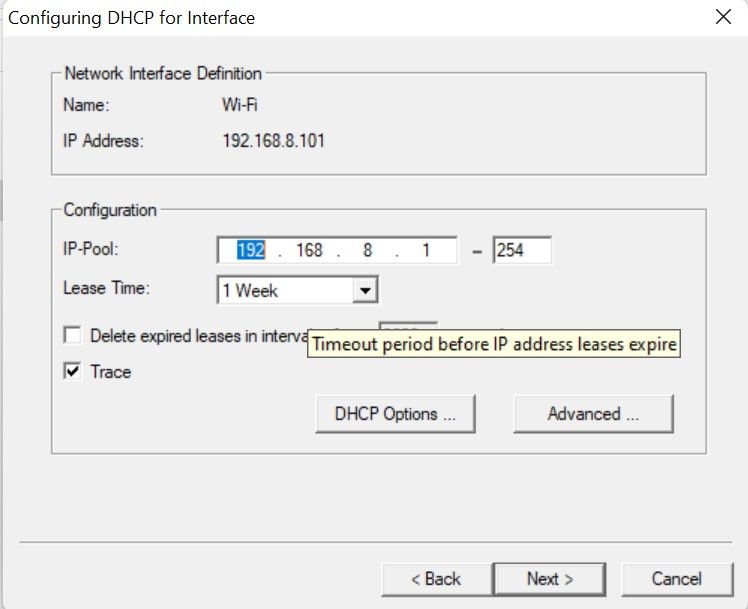 Screenshot of DHCP Interface