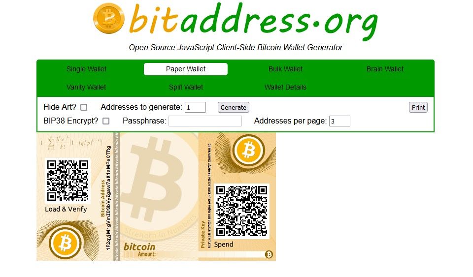 ảnh chụp màn hình ví bitcoin giấy trên bitaddress org