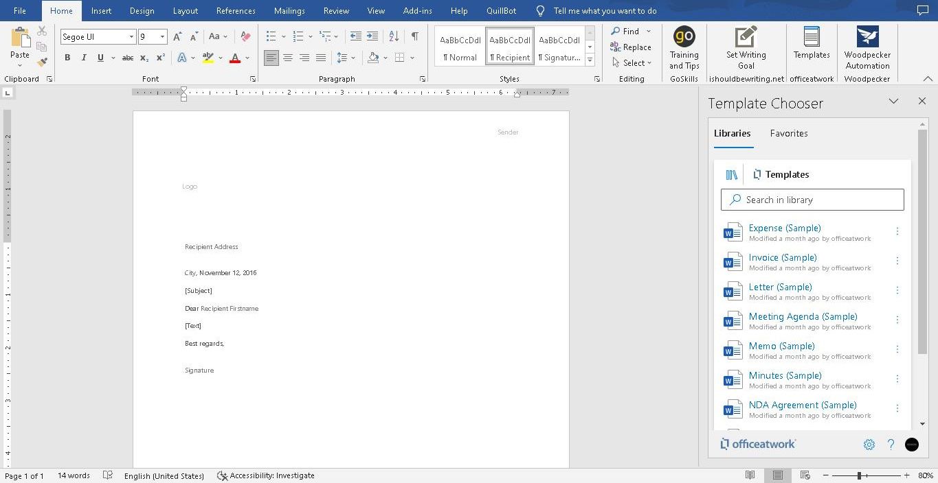 Screenshot of a template created by Office at Work Template Chooser