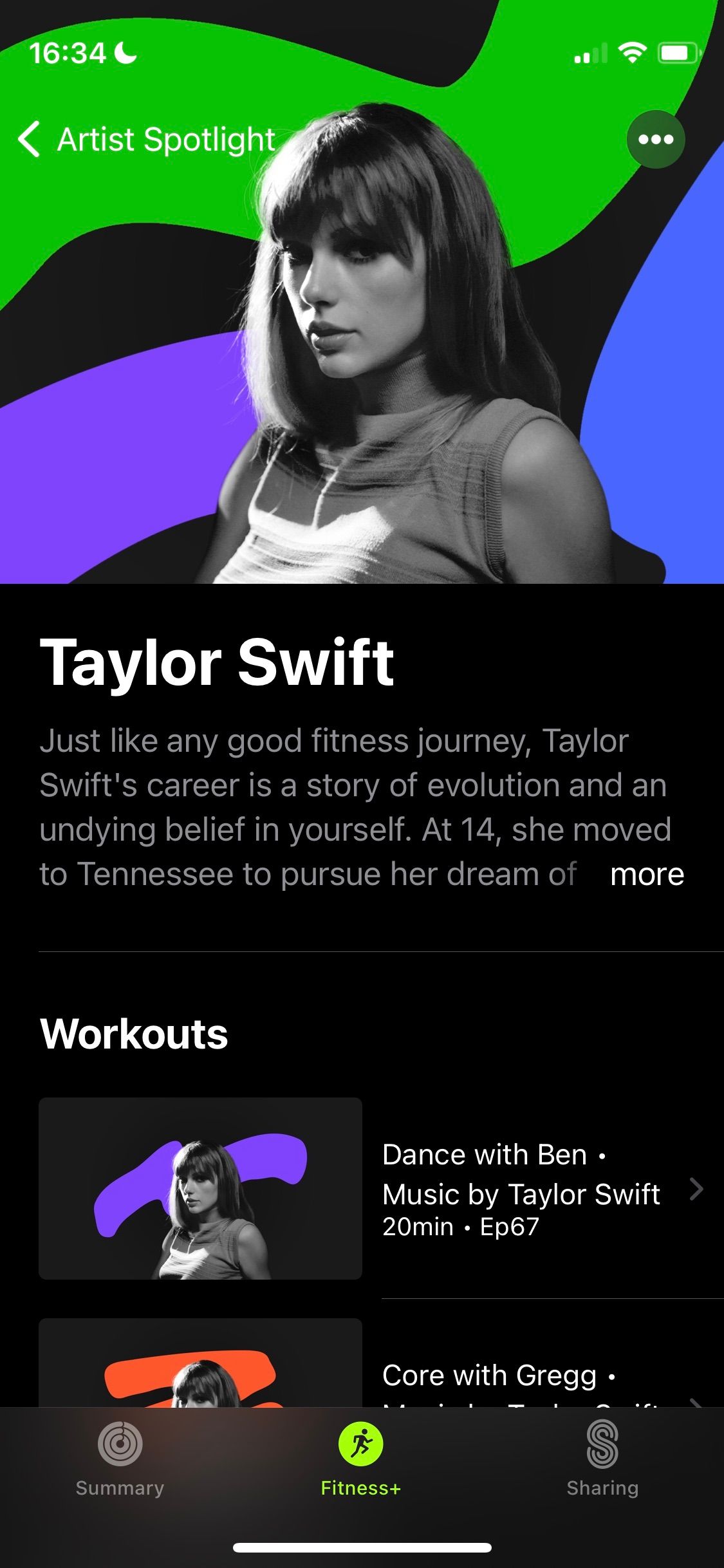 Screenshot of Apple Fitness+ Artist Spotlight Taylor Swift