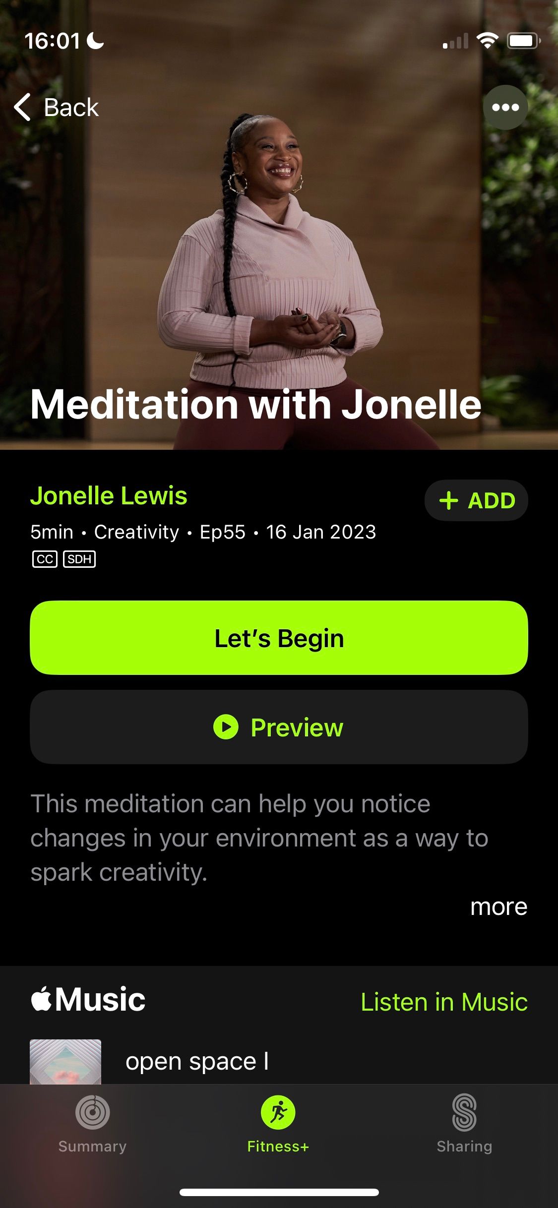 Screenshot of Apple Fitness+ Meditation sample workout