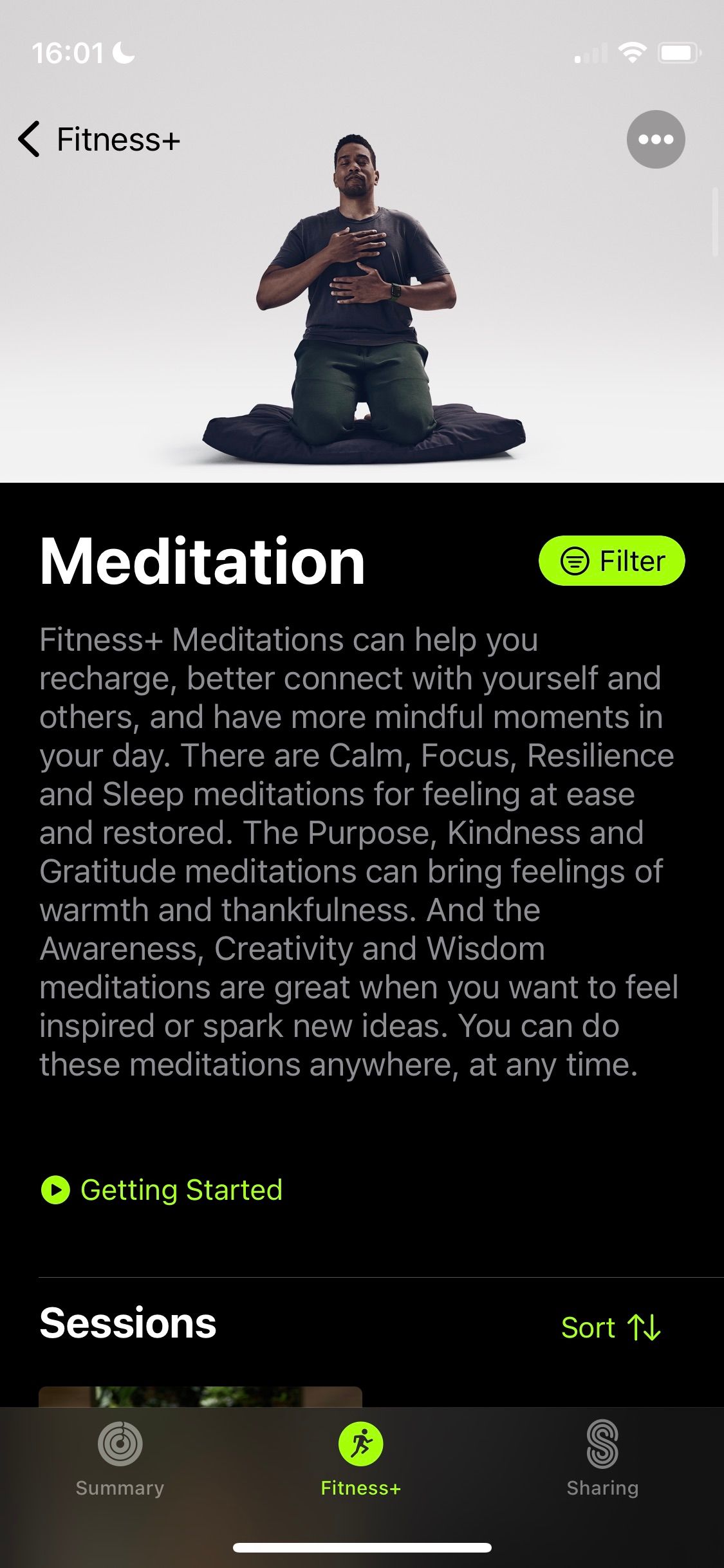 Screenshot of Apple Fitness+ Meditation section