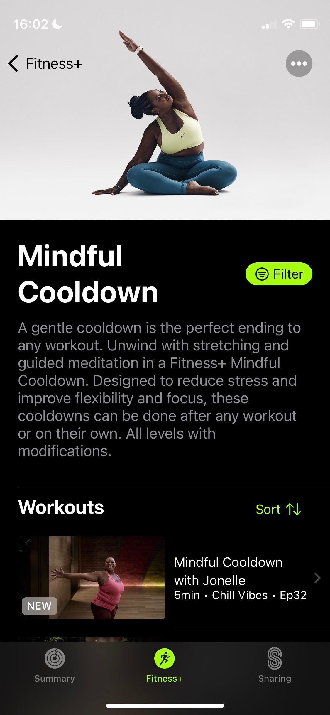 Screenshot of Apple Fitness+ Mindful Cooldown section