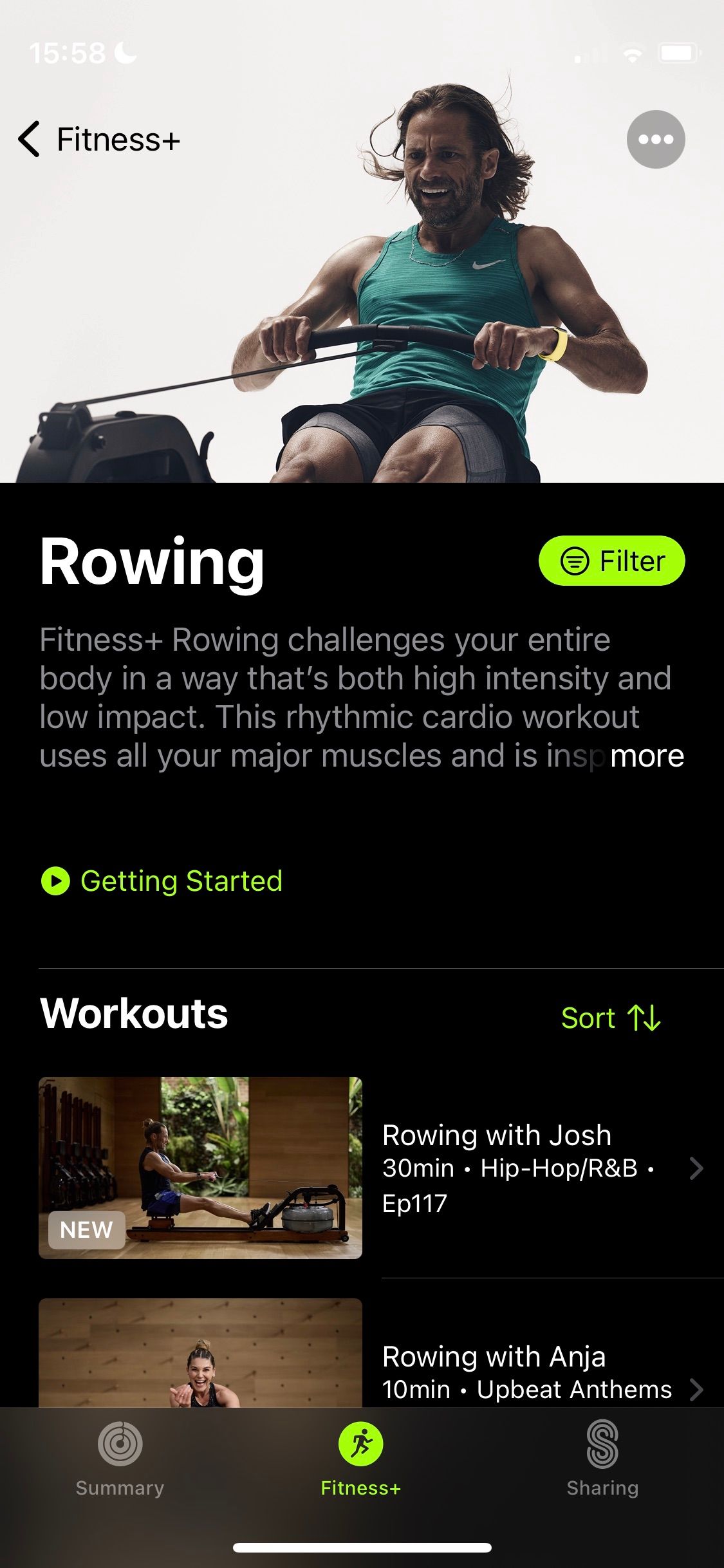 Screenshot of Apple Fitness+ Rowing category