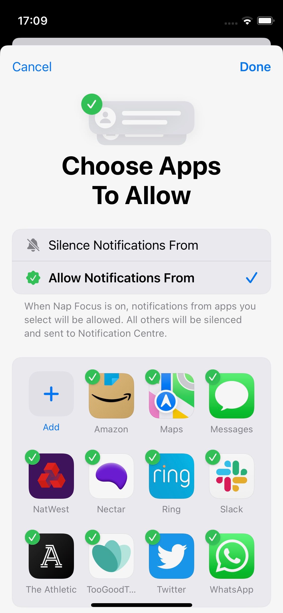 Screenshot of Apple Focus Mode choose apps to allow function