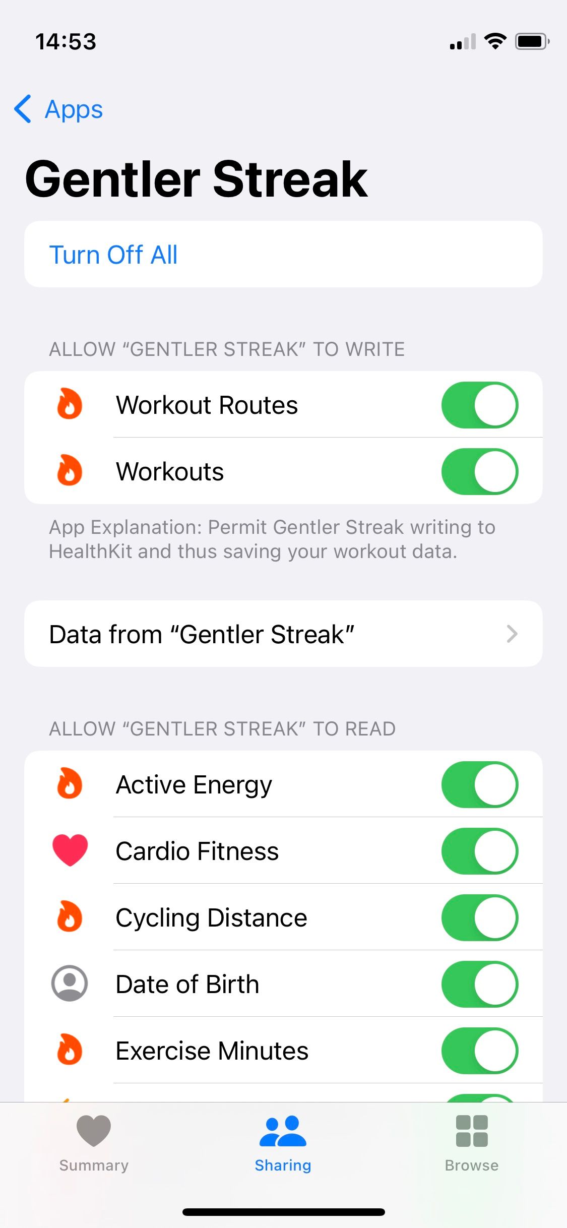 Screenshot of Apple Health Sharing screen for Gentler Streak data