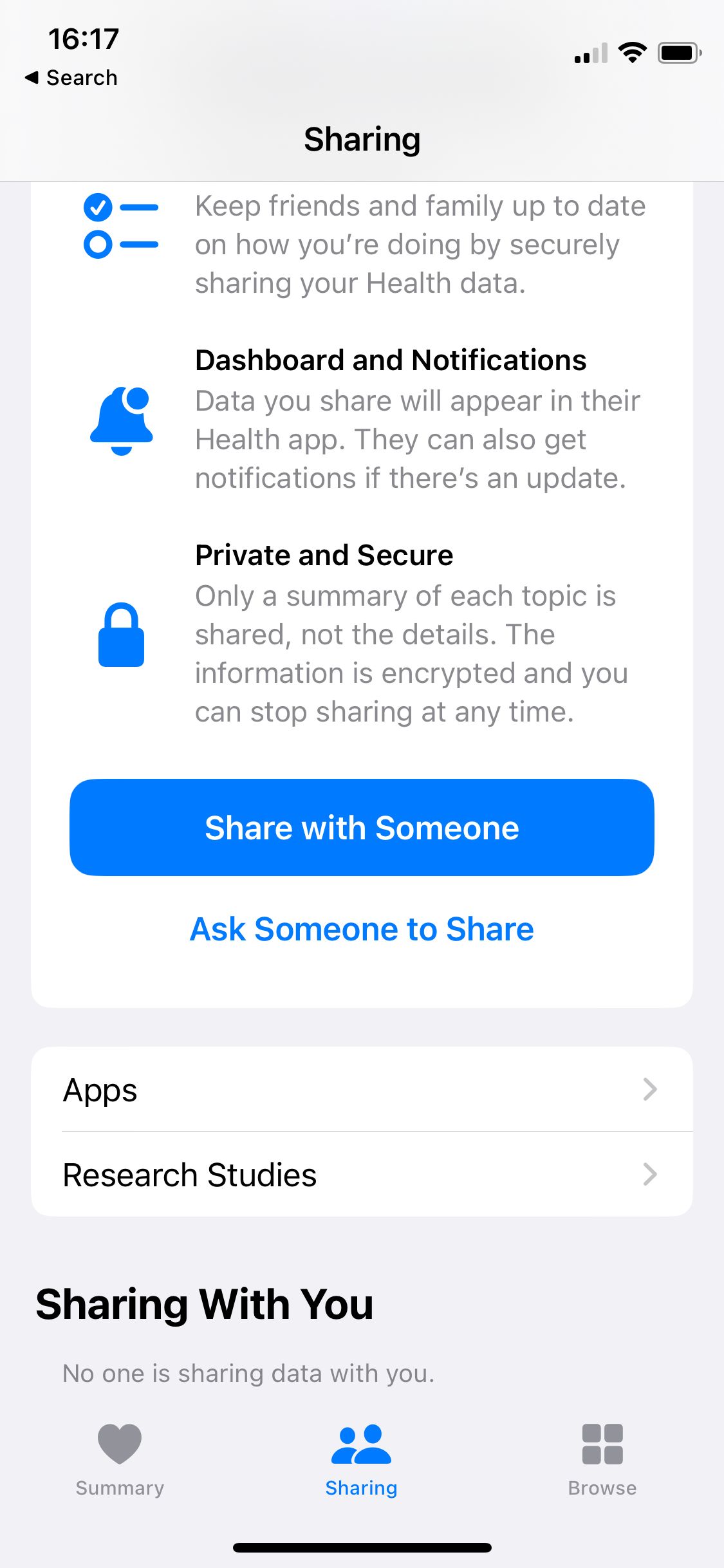Screenshot of Apple Health Sharing screen showing Apps button