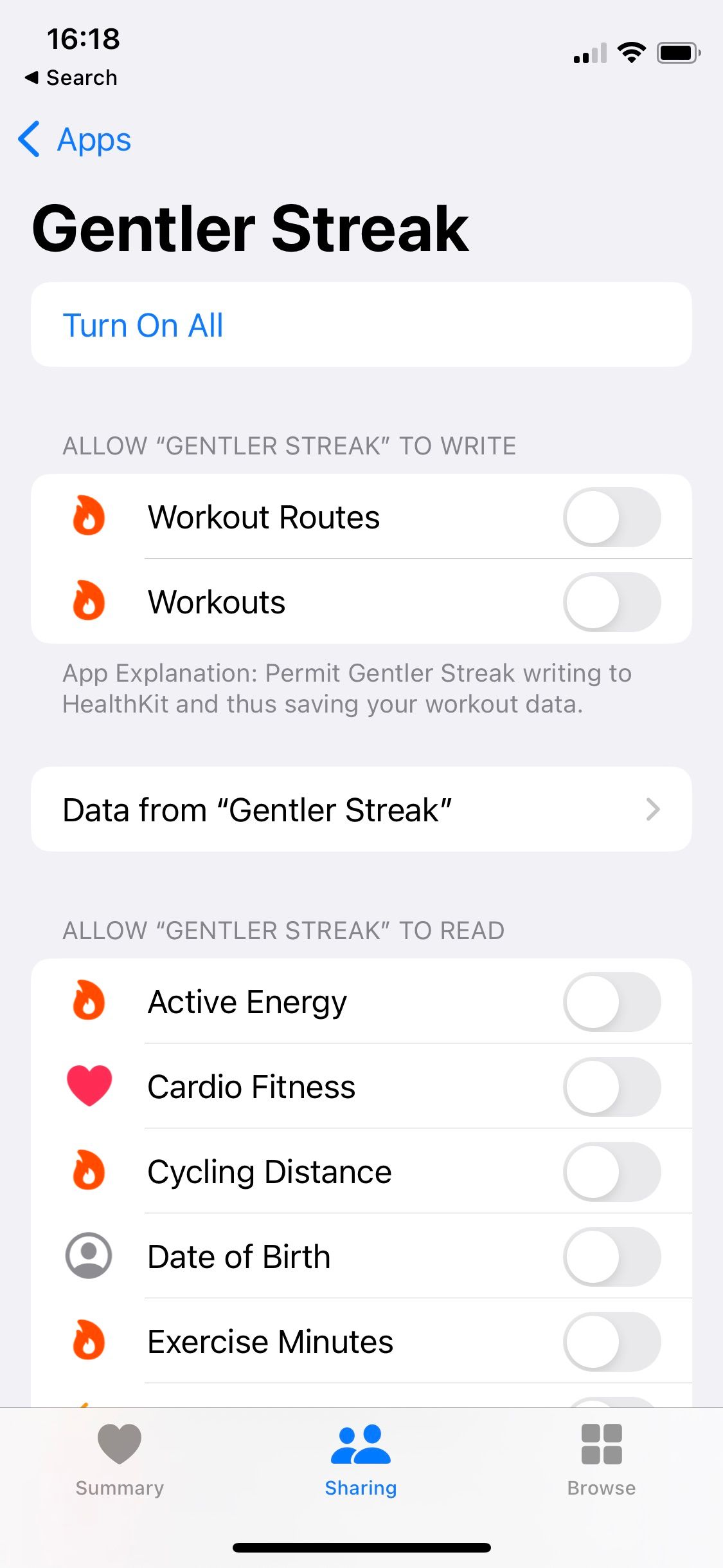 Screenshot of Apple Health Sharing screen showing Gentler Streak with permissions revoked