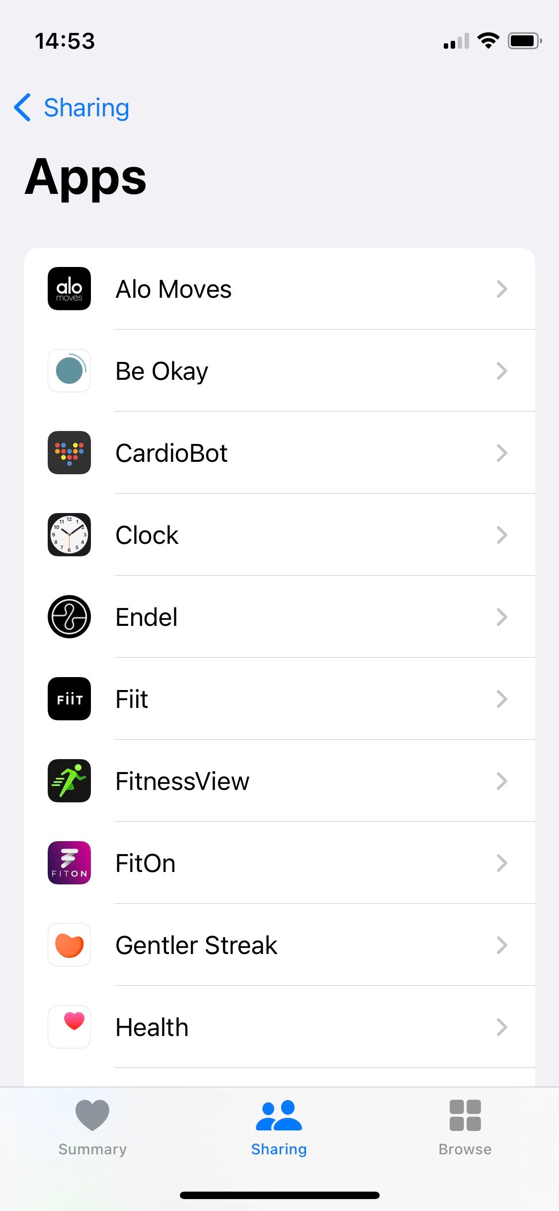 Screenshot of Apple Health Sharing screen showing list of apps