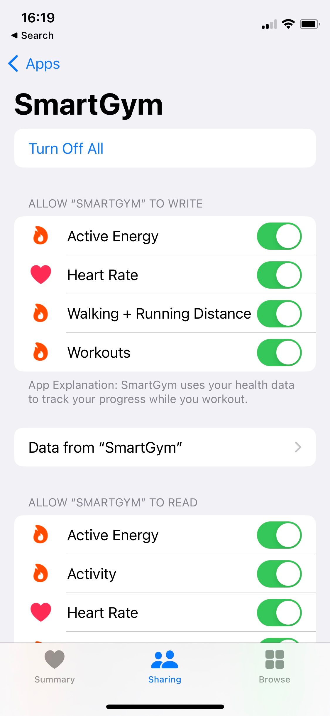 Screenshot of Apple Health Sharing screen showing SmartGym sharing data