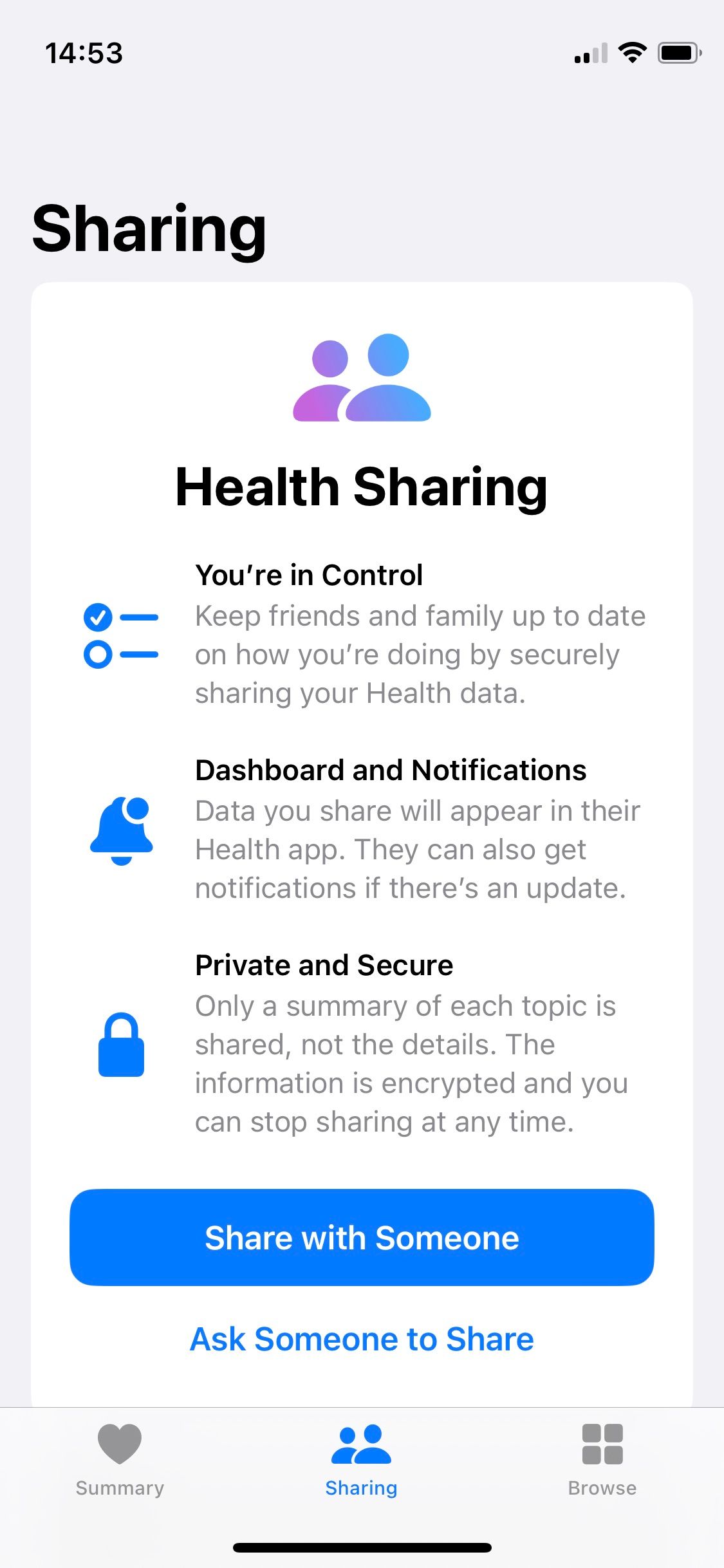 Screenshot of Apple Health Sharing screen