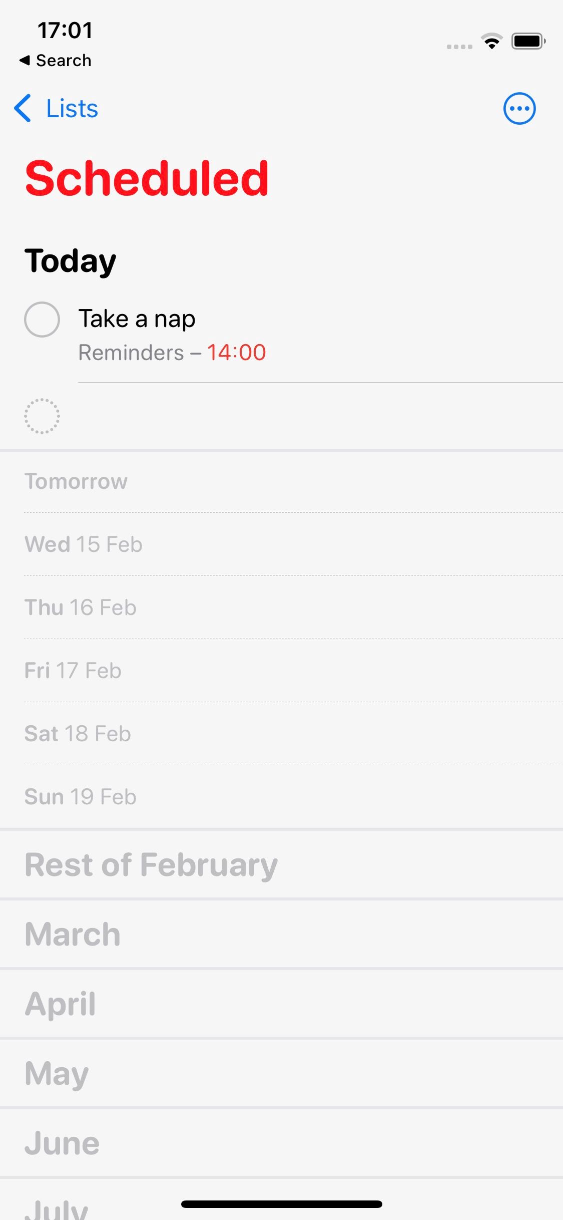 Screenshot of Apple Reminders scheduled screen