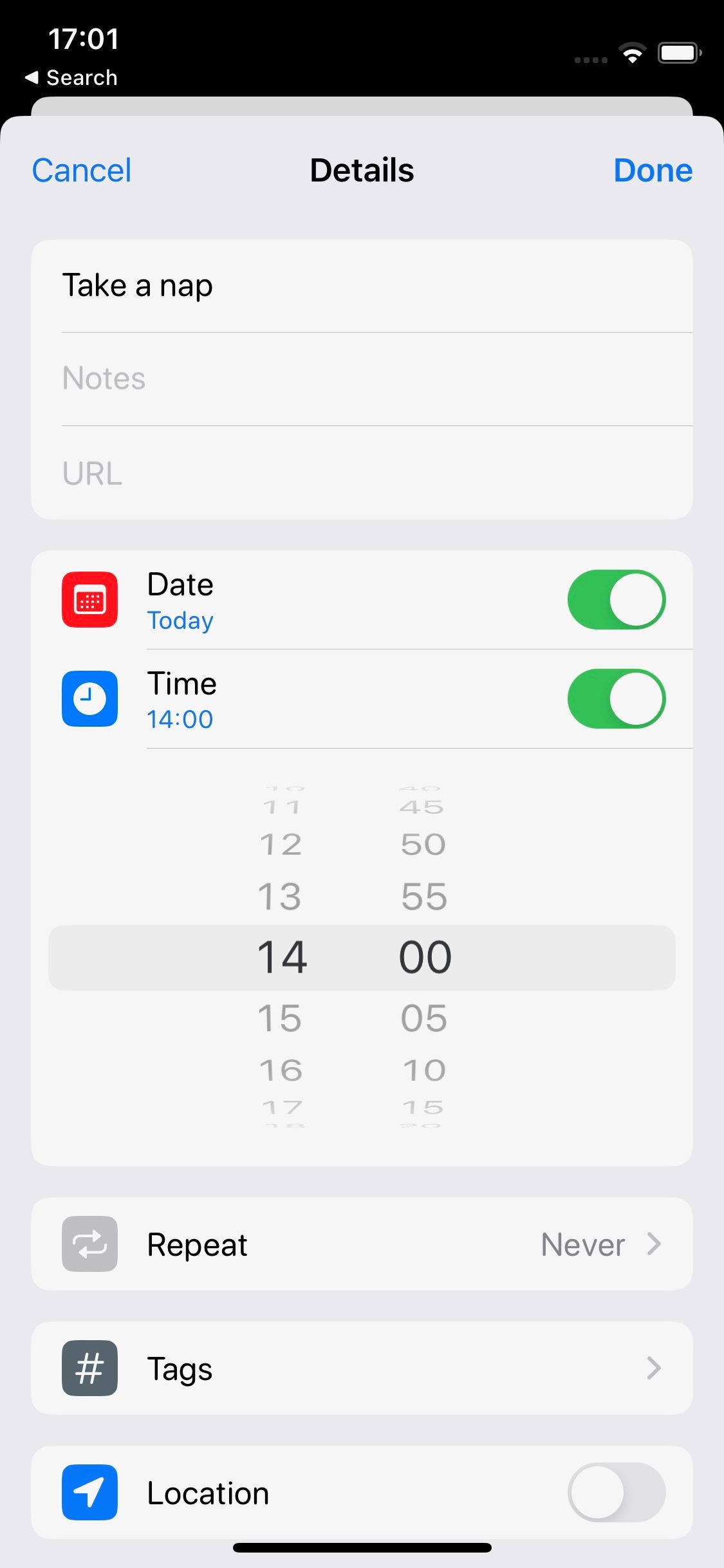Screenshot of Apple Reminders set up screen