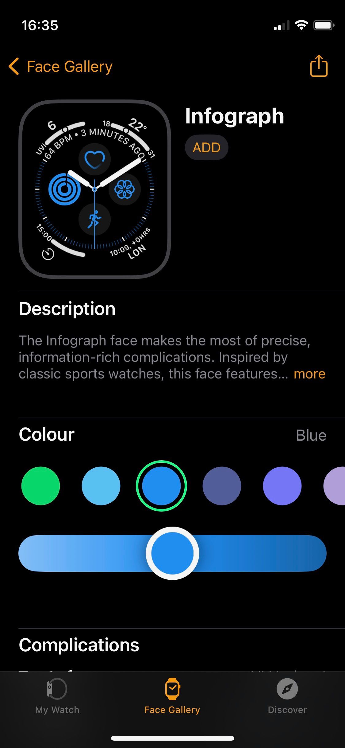 Screenshot of Apple Watch app Infograph color setup