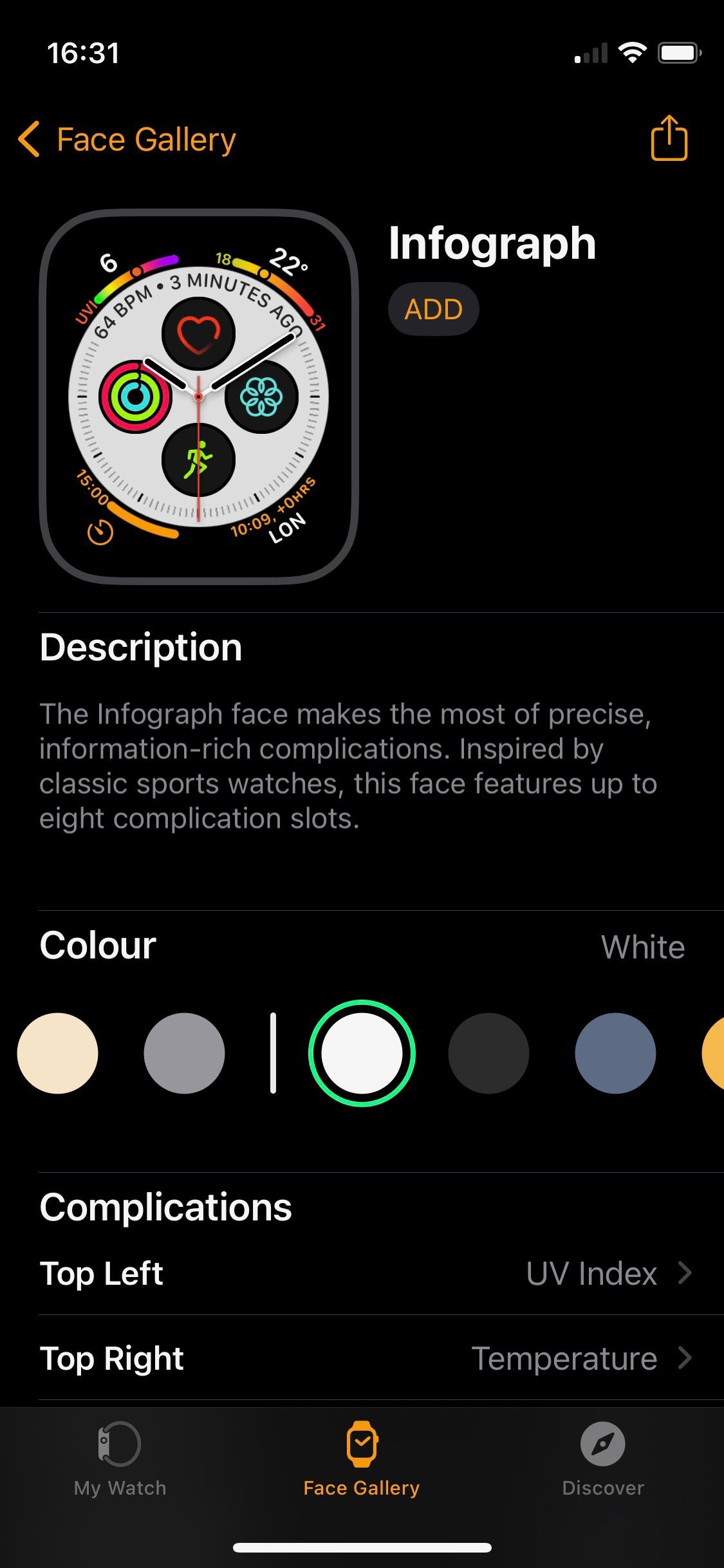 Screenshot of Apple Watch app Infograph setup screen