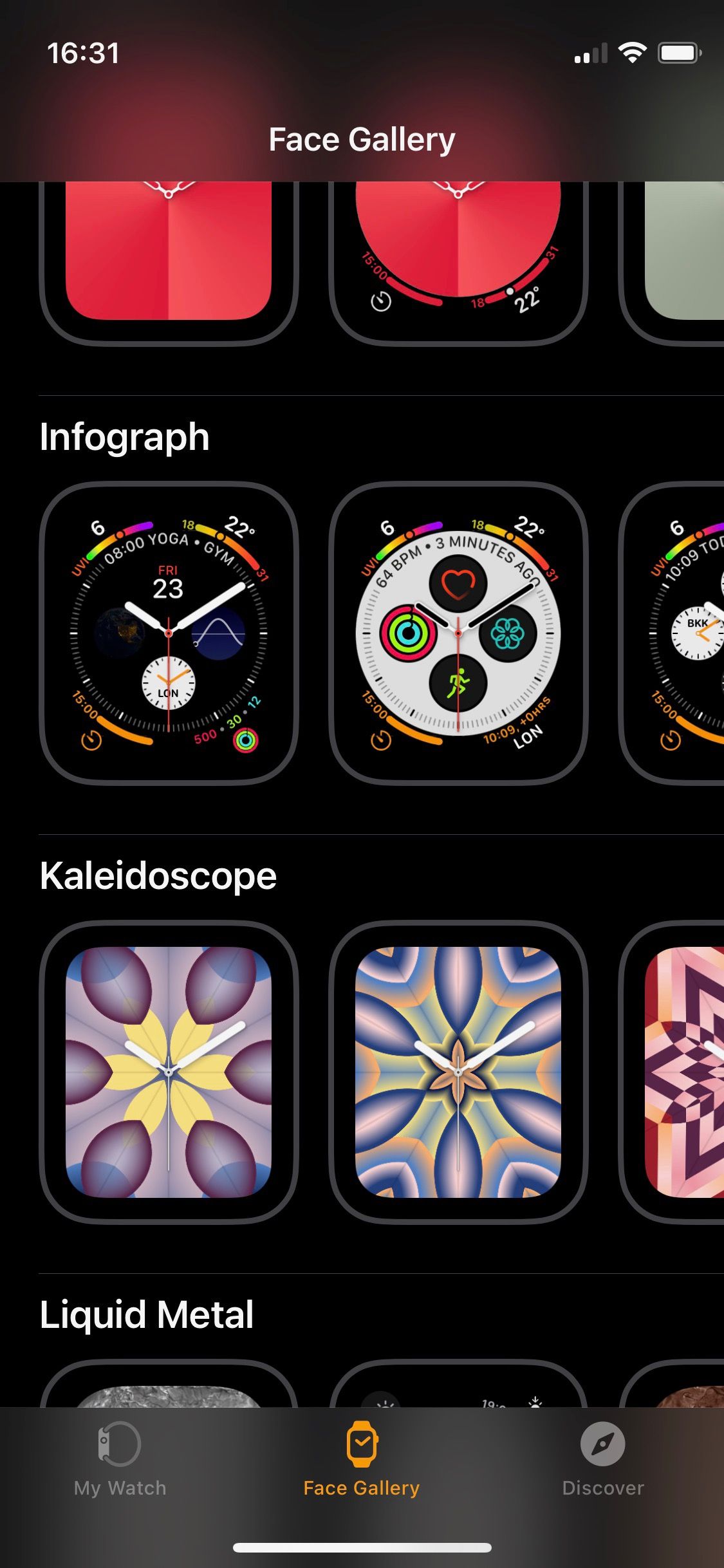 Screenshot of Apple Watch iPhone app showing Infographic Face in Face Gallery