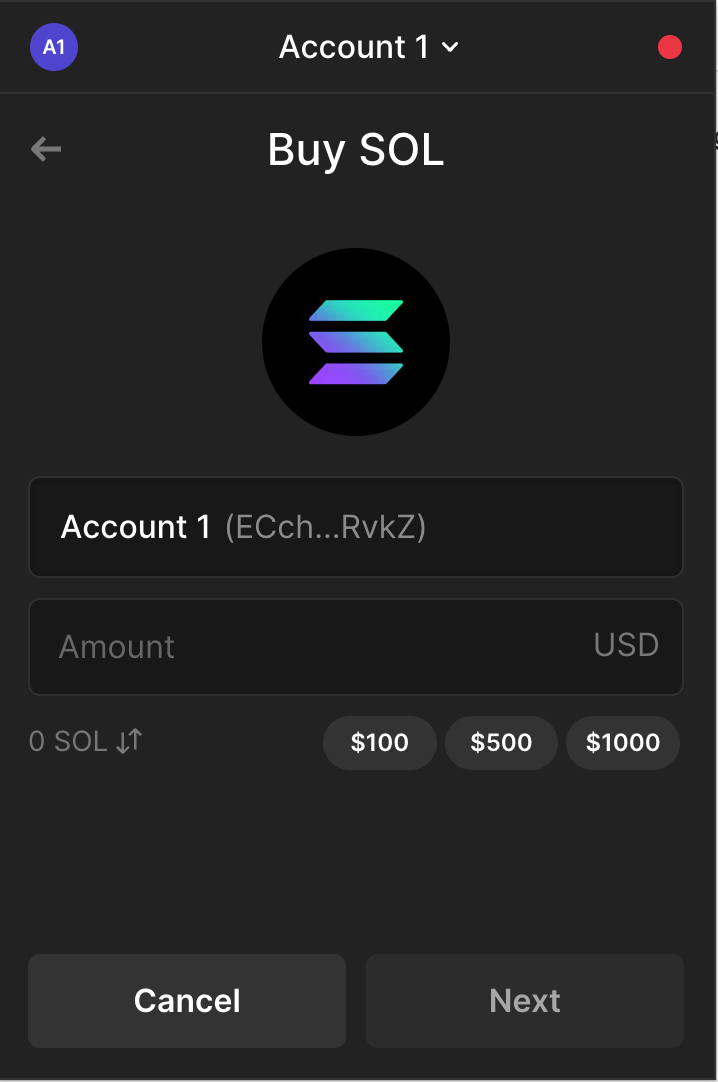 Screenshot of buying SOL via Phantom Wallet Chrome extension