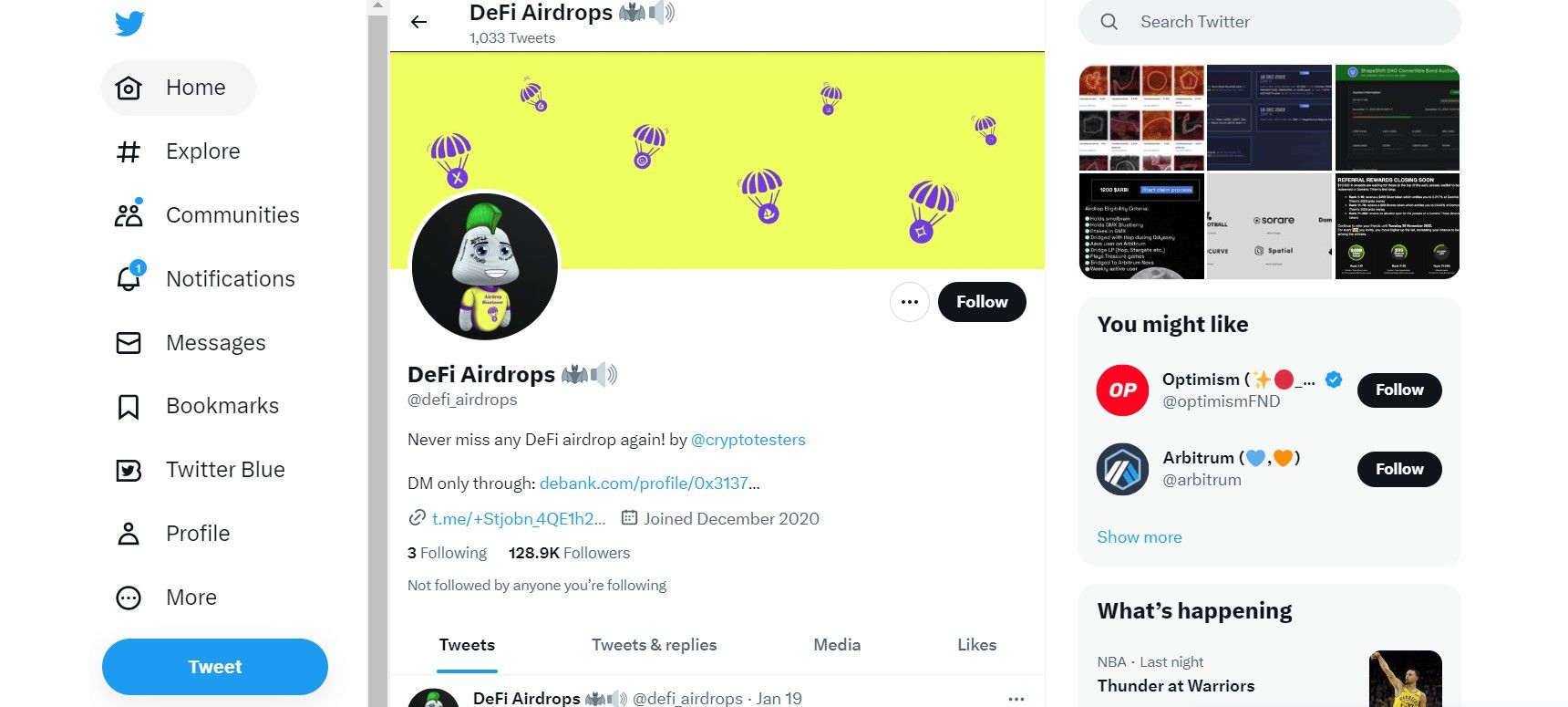 screenshot of de-fi airdrop twitter page