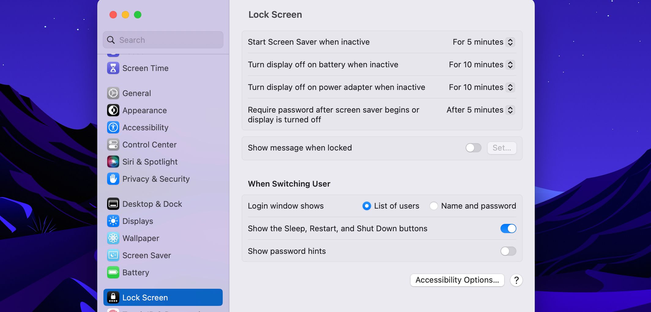 Screenshot of Lock Screen Options