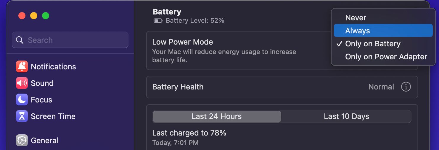 Screenshot of Low Power Mode in System Settings